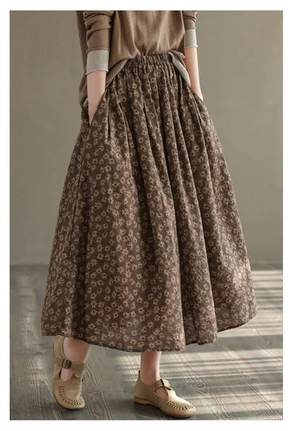 Women Casual Skirts New Arrival 2023 Autumn Vintage Style Floral Print Loose Comfortable Ladies Elegant A-line Long Skirt D536.