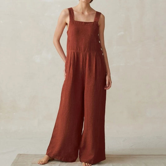 Women Cotton Linen Wide Leg Overalls Summer Fashion Off The Shoulder Sleeveless Solid Color Pocket Jumpsuits JYFS-8929.