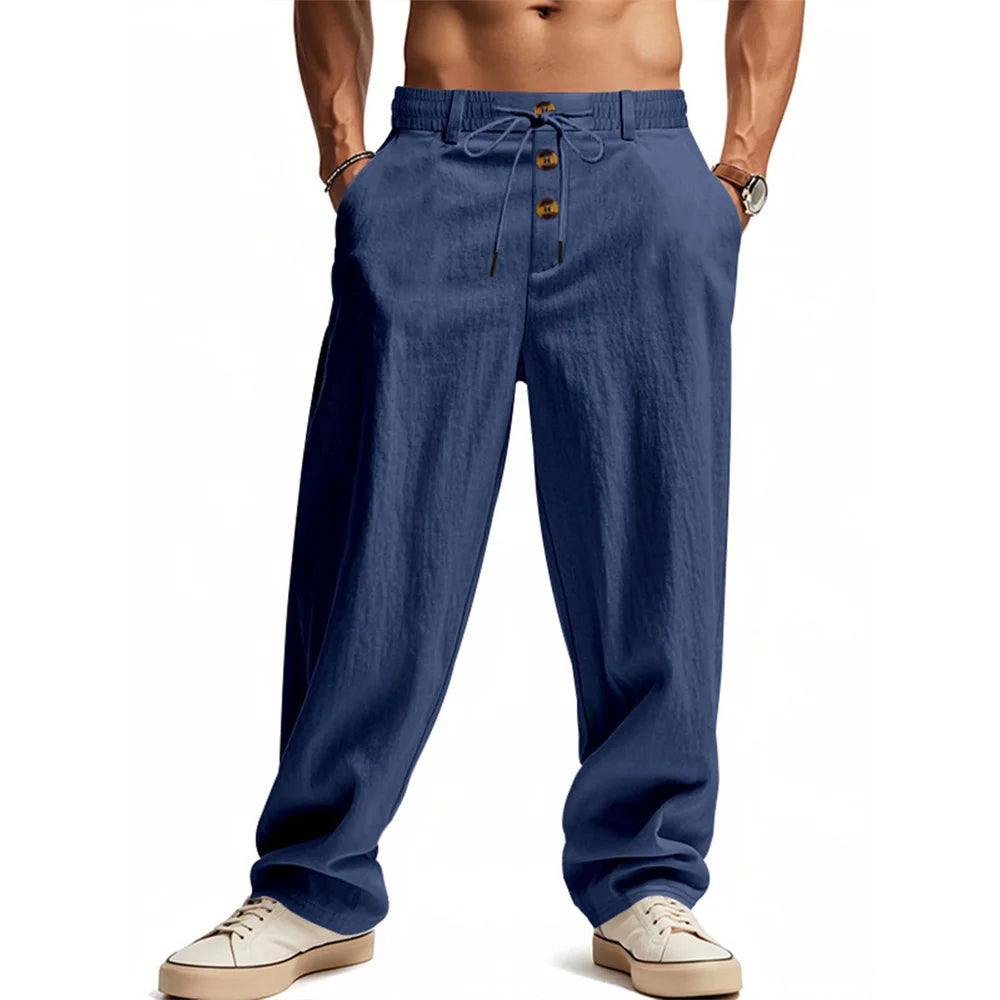 Autumn New Men's Cotton Pants Solid Color Button Drawstring Design Casual Loose Fit Cozy Trousers Simple Style Long Pants