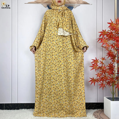 New Muslim Long Sleeved Cotton For Women Ramadan Prayer Turkey Middle East Femme Robe Floral Loose African Abaya Dress Scarfs