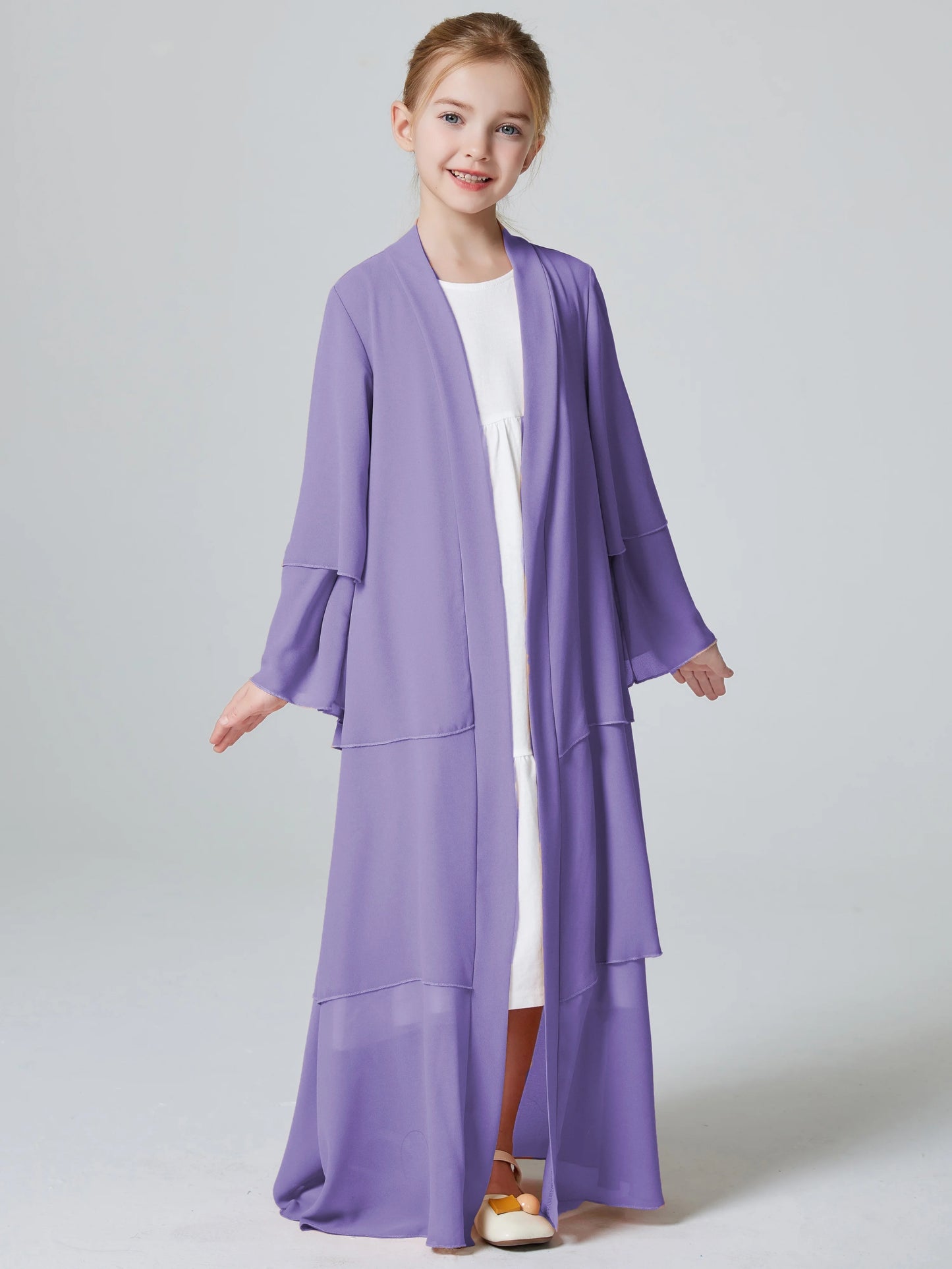 Ramadan Kebaya Muslim Girls Abaya 3 Layered Chiffon Kids Abaya Dress Open Front   Outerwear (Without Hijab).
