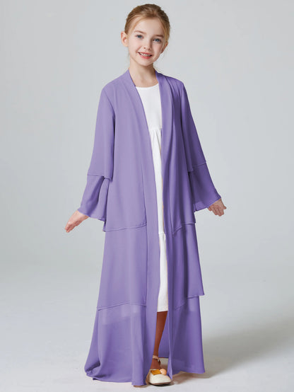 Ramadan Kebaya Muslim Girls Abaya 3 Layered Chiffon Kids Abaya Dress Open Front   Outerwear (Without Hijab).