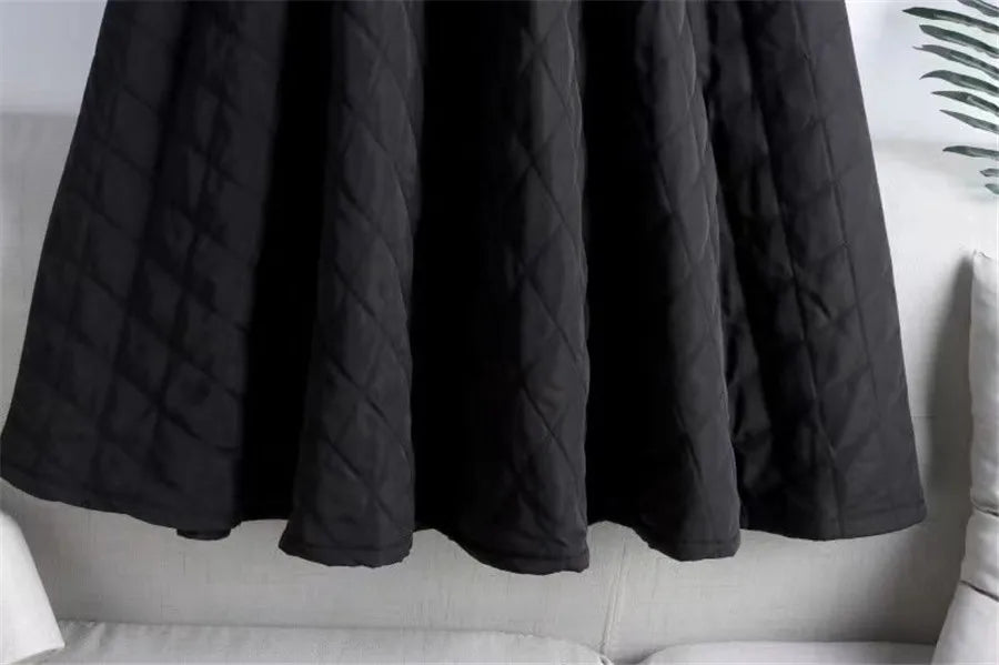 Autumn Winter Cotton Quilted Skirt Warm Womens A-line Faldas Vintage Thicken High Waist Saias Korean Fashion Knee-length Skirts
