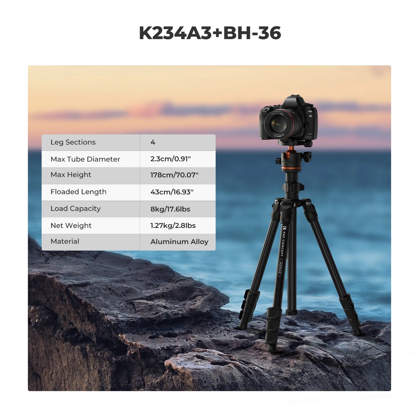 K&F Concept 178cm Lightweight Camera Tripod Cellphone Clip Travel DSLR Tripod for Nikon Canon Camera Outdoor Live Streaming Vlog.