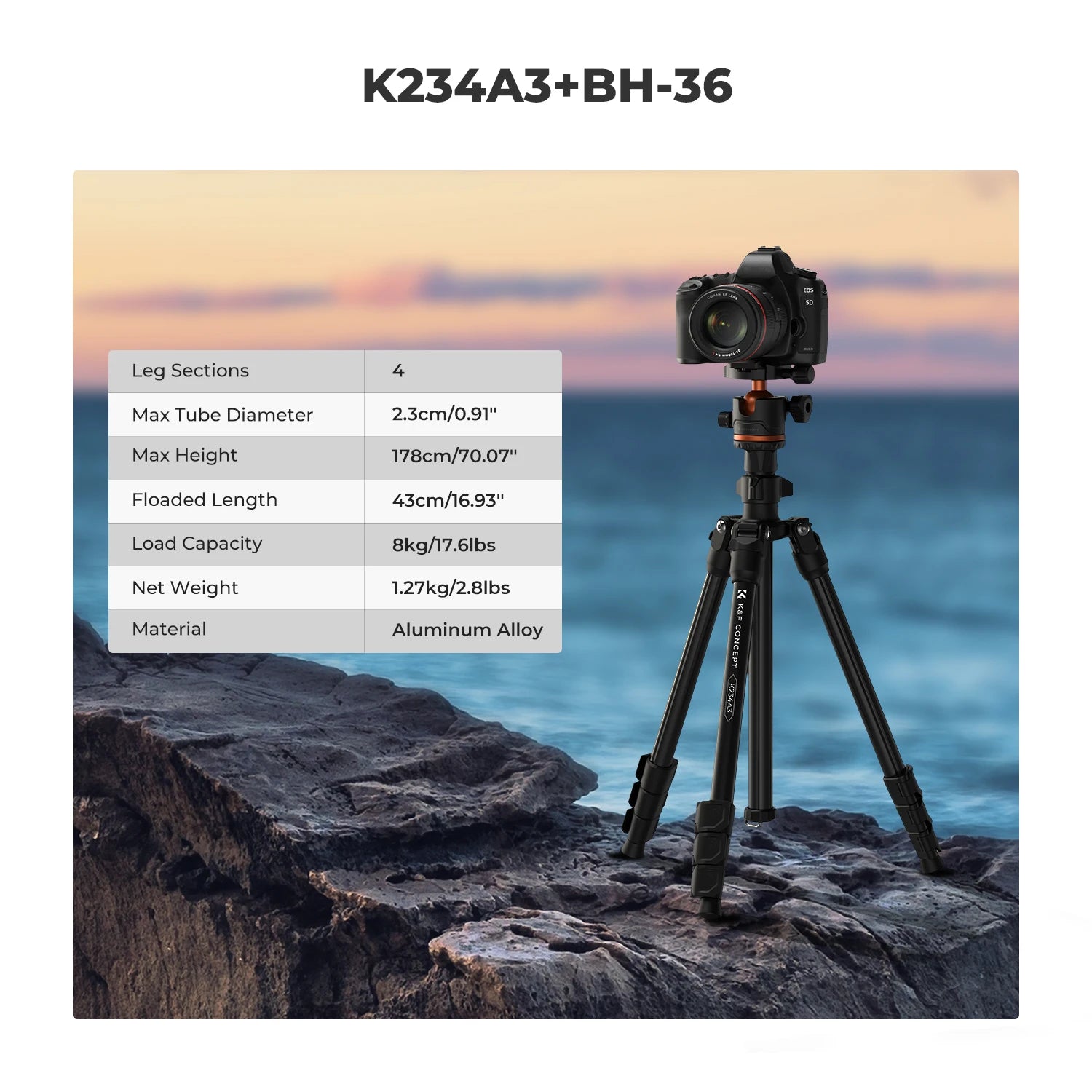 K&F Concept 178cm Lightweight Camera Tripod Cellphone Clip Travel DSLR Tripod for Nikon Canon Camera Outdoor Live Streaming Vlog.