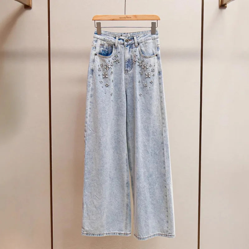 ANJY Autumn Winter Women Fashion Casual Versatile Washed Tide Diamonds Straight Jeans Trend Design Sense High Waist Pants A10636