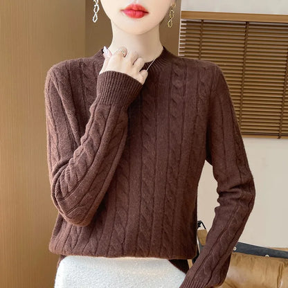 Frauen 100% Merino Wolle Verdickung Pullover Oansatz Gestrickte Twisted Pullover Herbst Winter Kaschmir Langarm Kleidung Basis Tops.
