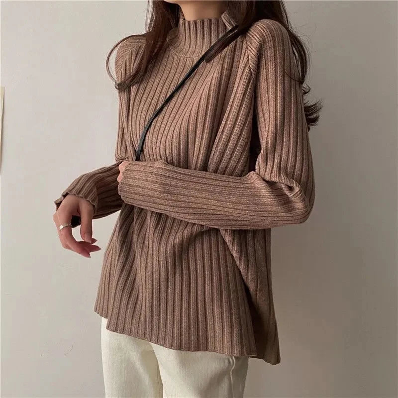 Rollkragen Gestrickte Pullover Frauen Herbst Winter Mode Lose Lange Hülse Alle Spiel Pullover Pullover Solide Büro Dame Jumper
