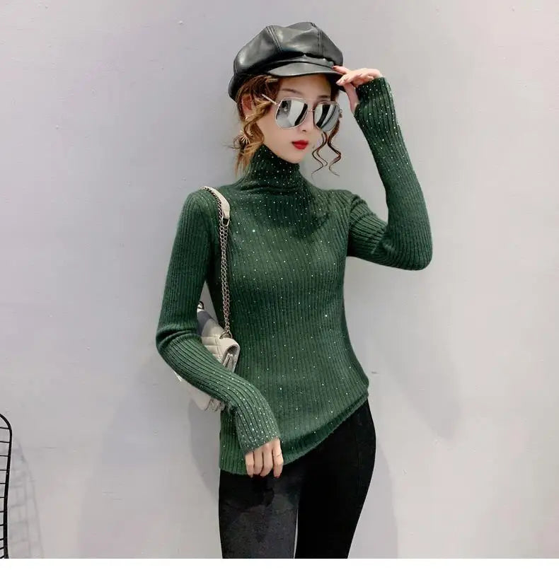 Women Clothing Fashion Elegant Turtleneck Pullover Autumn Winter Solid Slim Long Sleeve Sweater Office Lady Casual Dignified Top.