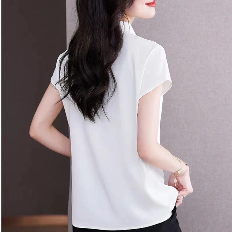 Bow Tie Blouse Shirt for Women OL Elegant Blouses Satin Womens Tops Silk Female Clothing 2023 Korean Fashion Short Sleeve Blouse.