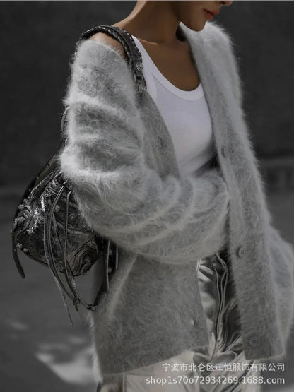 Women New Knitted Thick Cashmere Wool Cardigan Chic V Neck Single Breasted Fashion Long Sleeve Sweater Fall Winter Coat Outwear