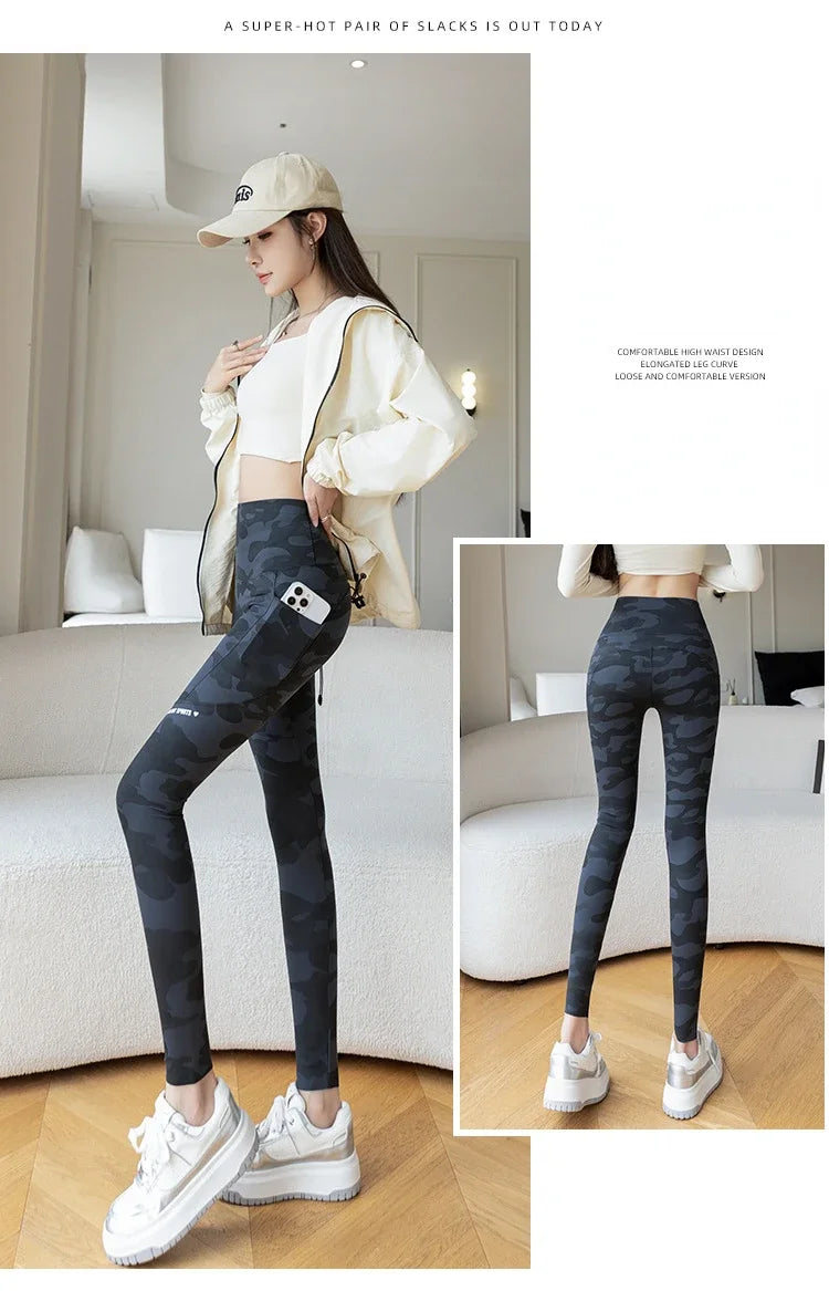 Women Camo Shark Pants High Waist Pocket Leggings Big Size Stretchy Casual Pants Fashion Skinny Yoga Fitness Pants.