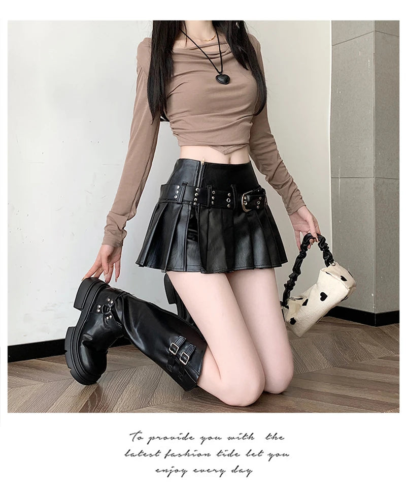 Women's Black Gothic A-line Pleated Leather Skirt Y2k Mini Shorts Skirts Harajuku Korean Emo Skirt 2000s Vintage Clothes Summer.