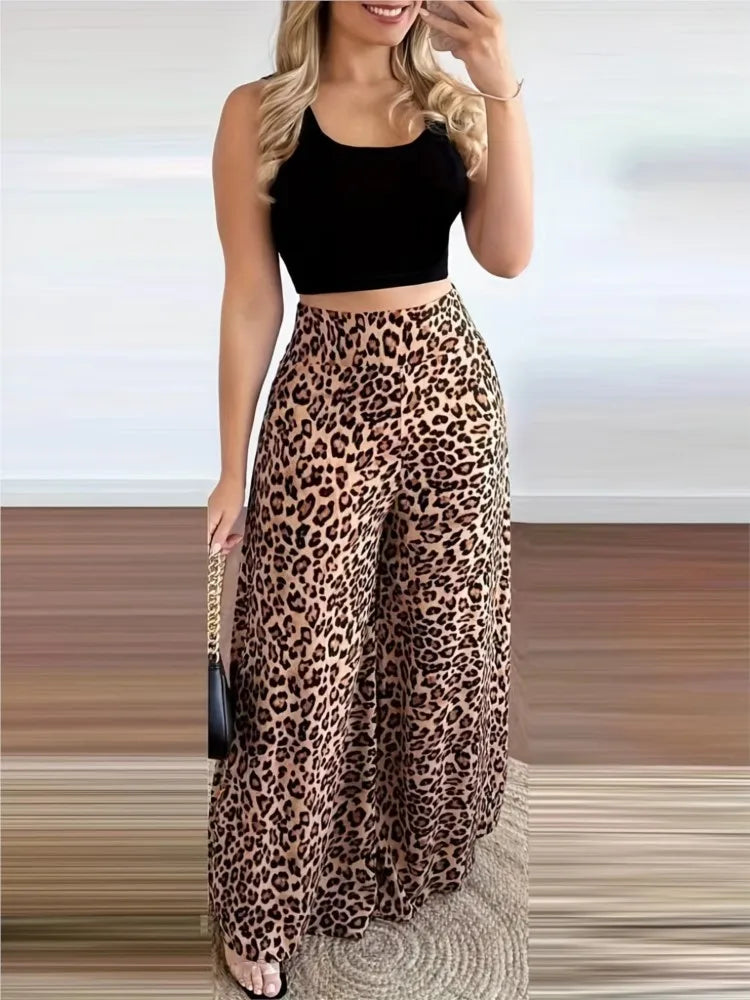 Women Two Piece Sets Outfits 2024 Summer Fashion Square Neck Sleeveless Crop Tank Top & Leopard Print Pocket Wide Leg Pants Set.