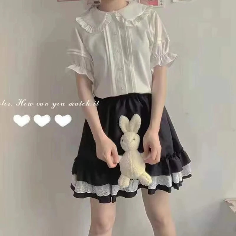 Zoki Japanese Sweet Women Blouses Lolita Style White Kawaii Peter Pan Collar Jk Shirt Cute Preppy Ruffle Puff Short Sleeve Tops.