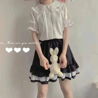 Zoki Japanese Sweet Women Blouses Lolita Style White Kawaii Peter Pan Collar Jk Shirt Cute Preppy Ruffle Puff Short Sleeve Tops.