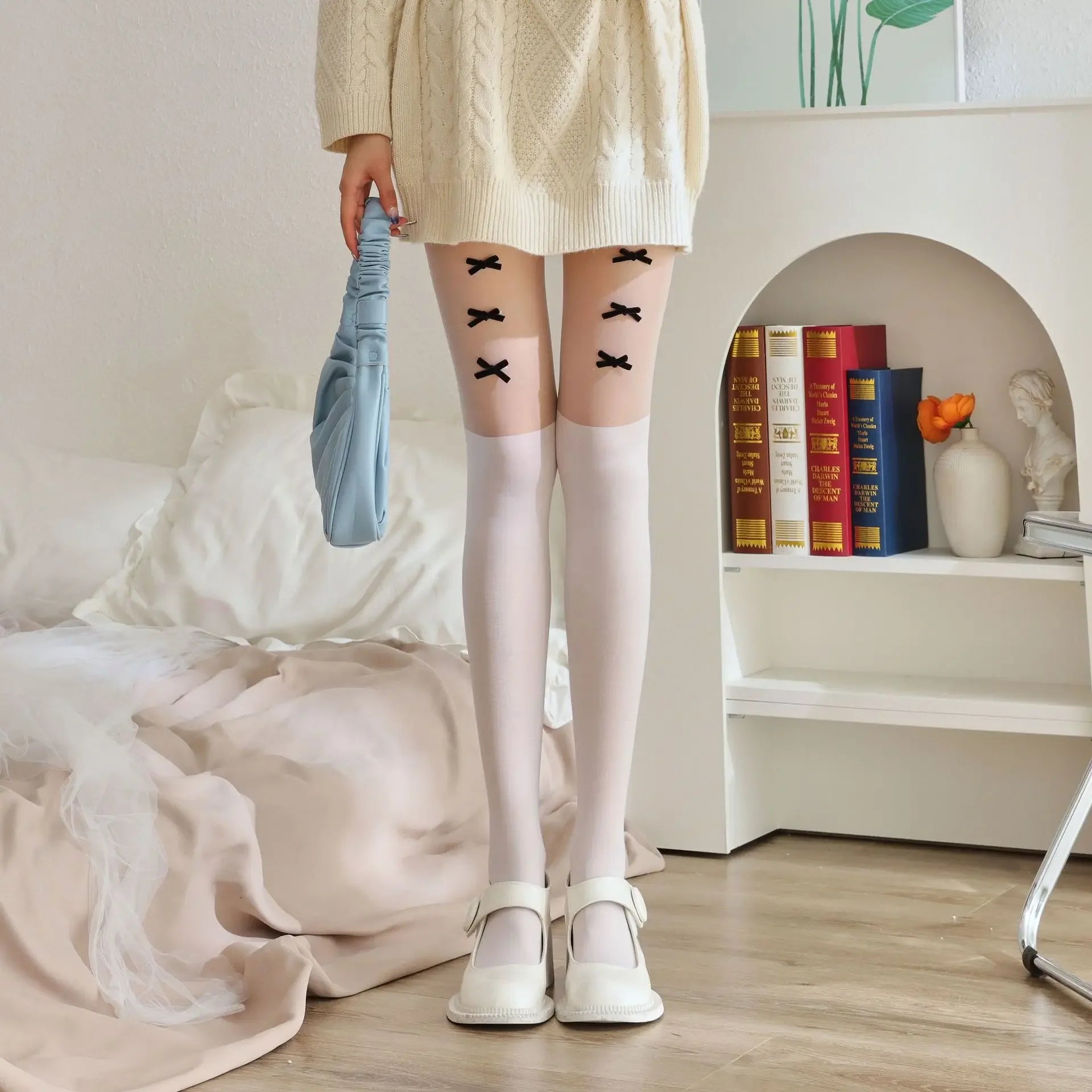 Handmade Velvet Stockings Swan Velvet Patchwork Fake Thigh Pantyhose Multiple Butterfly Knots White Silk Leggings.