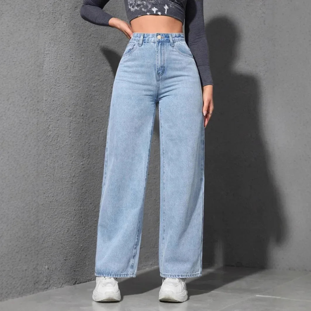 American Style High Waist Wide Leg Jeans Women's Spring New Loose Slim Straight Floor-Length Denim Pants