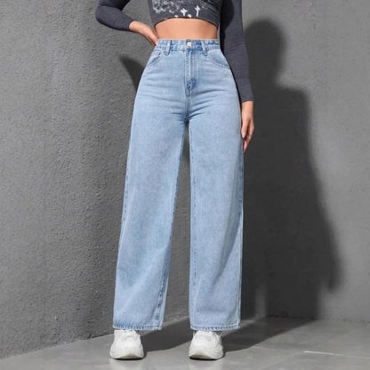 American Style High Waist Wide Leg Jeans Women's Spring New Loose Slim Straight Floor-Length Denim Pants