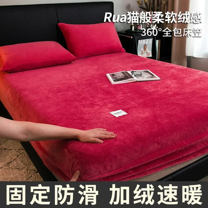 Warm Plush Fitted Sheet Elastic Mattress Cover Fluffy Velvet Fleece Bed Linen Couple Thermal Double Bed Not Included Pillowcase.