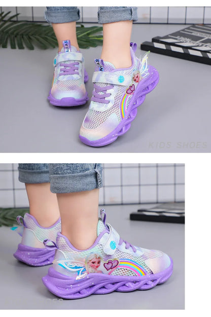 Disney Girls' Casual Shoes Led Lights Mesh Breathable Children's Sports  Princess Elsa Pink Purple Shoes Sneakers Size 22-37.