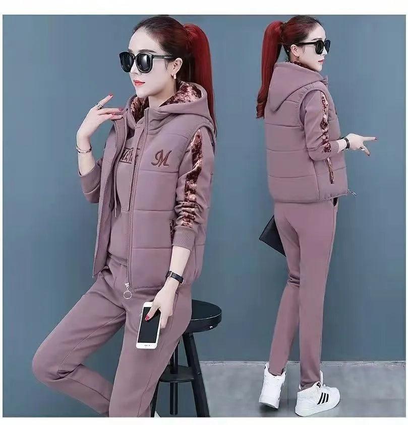 Winter 3 Pcs/Set Women Waistcoat Top Pants Set Letter Embroidery Ladies Winter Tracksuit Color Block Three-piece Sweatpants Set