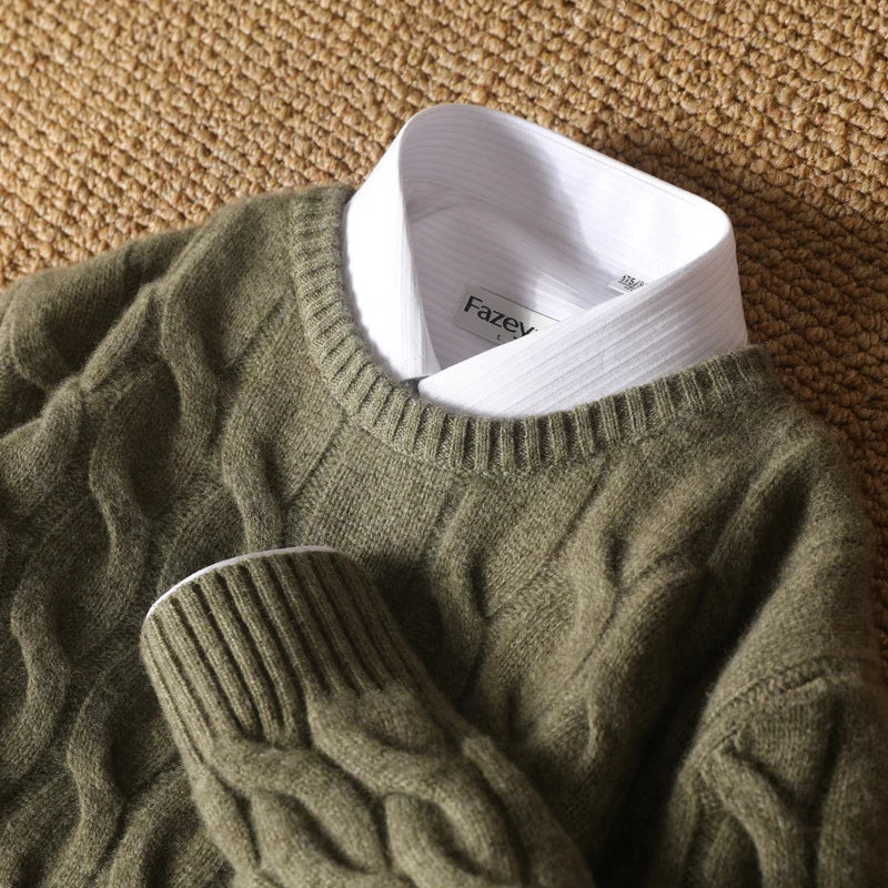 Autumn Winter Thickened Cashmere Sweater 100% Merino Wool Men's Top O-Neck Twisted Pullover Knitted Loose Long Sleeve Sweater.