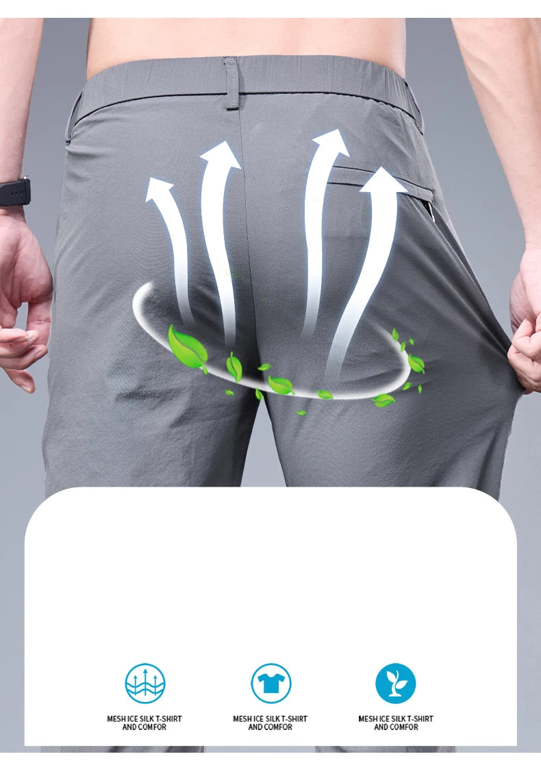 Summer New Business Ice Silk Pants Straight Elastic Waist Black Gray Trousers Breathable Simple Male Clothing Casual Suit Pants.