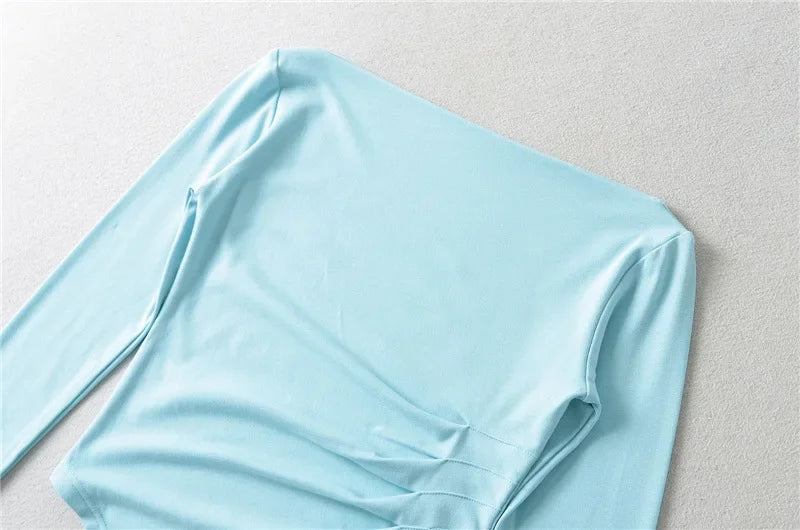 Slim Fit Long Sleeve T-Shirt Women's Shoulder Bared One-Shoulder Design Crease Asymmetrical Pure Desirable Spicy Girl Style.