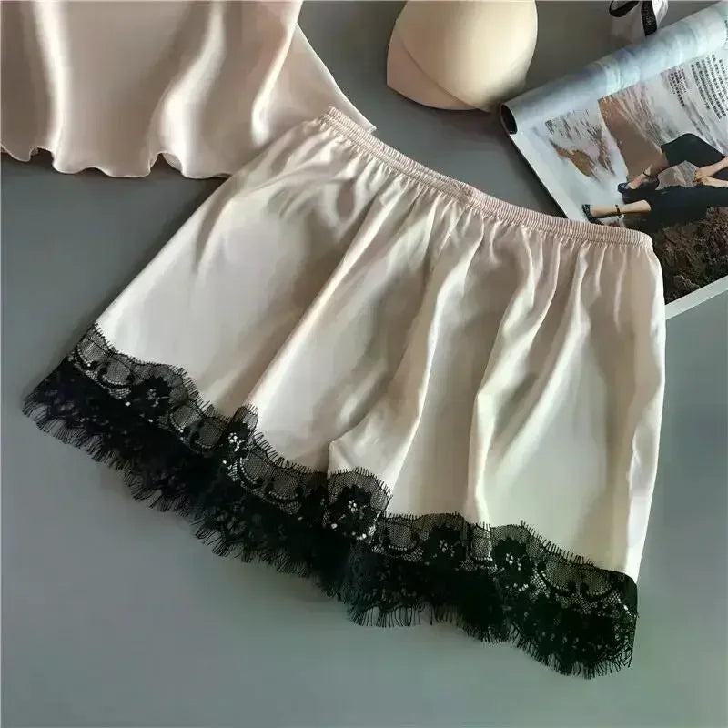 Frauen Eis Seide Pyjama Anzüge Mode V-ausschnitt Spitze Stretch Satin Nahtlose Sexy Dessous Homewear Pyjamas Shorts Set Nachtwäsche Neue.