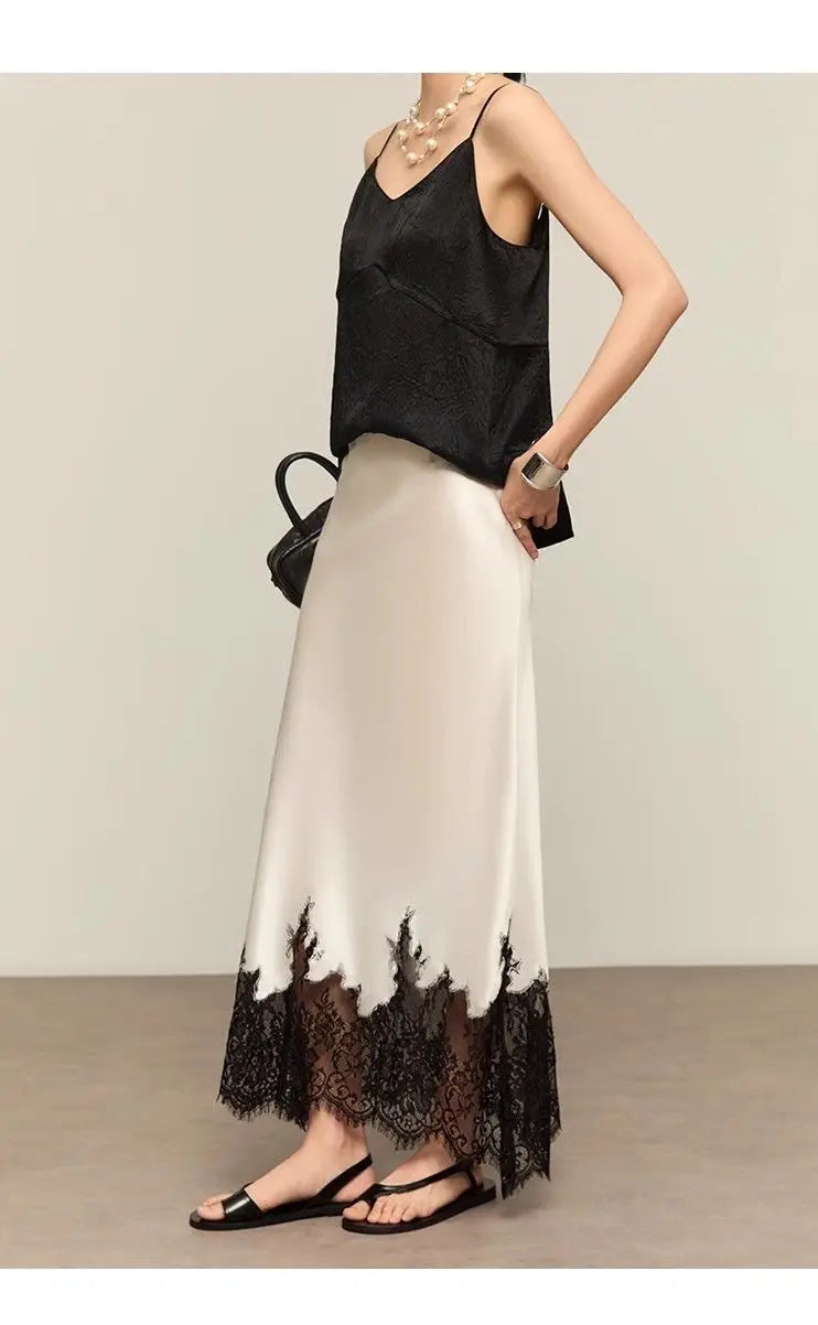 Mia Girl Elegant Satin Long Skirts for Women Oversize Lace Patchwork High Waist A-line Skirt French Style Summer Chic Lady Skirt.