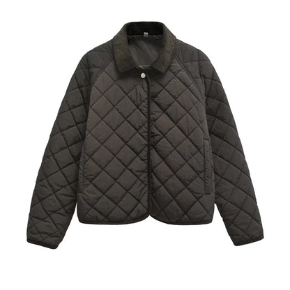 Women's Quilted Jacket with Padded Lining Model ETJ 2025 - Casual and Simple Diamond Quilted Short Puffer Jacket with Collar.
