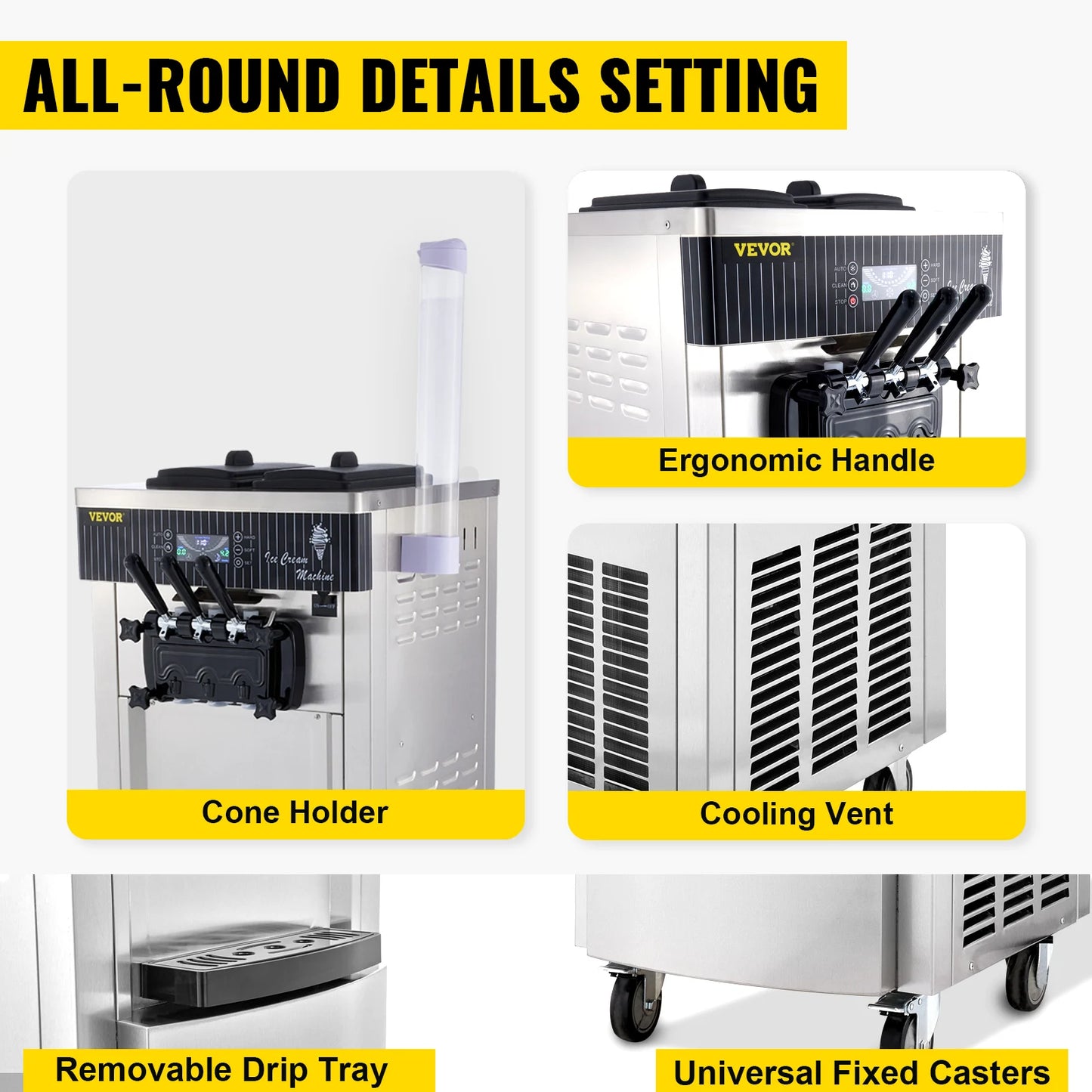 VEVOR Commercial Soft Ice Cream Machine,2200W 3 Flavors Ice Cream Maker,5.3 to 7.4 Gal per/H Auto Clean LCD Panel for Restaurant.