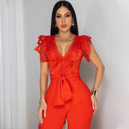 Summer Fashion Lace High Waisted Jumpsuit Women Elegant OL Lace Sleeveless Waistband Straight Jumpsuit Women.