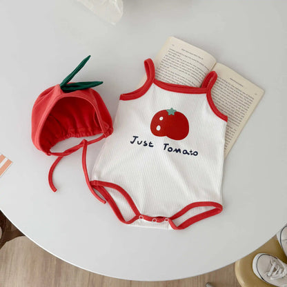 Baby Kleidung Sommer Baby Junge Mädchen Bodysuit Nette Tomaten Druck Ärmellose Infant Sling Onesie + Hut 2Pcs Neugeborenen Fotografie outfit.