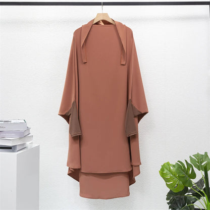 Muslim Sets Two Pieces Prayer Clothing Long Hooded Smocking Sleeve Shirts Hijab Loose Maxi Skirts Elastic Waist Women Abaya Sets.