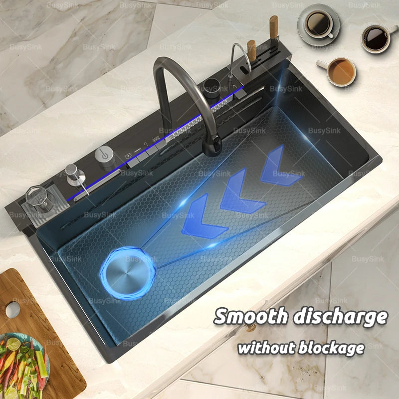 Stainless Steel Kitchen Sink With Waterfall Cup Washer Knife Rack Embossed Extra Large Single Slot Apartment Left Side Drainage