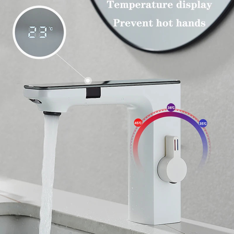 Touchless Sensor Basin Faucet Smart Digital Display Bathroom Sink Faucet Grey Sense Hot Cold Water Mixer Tap Battery Power