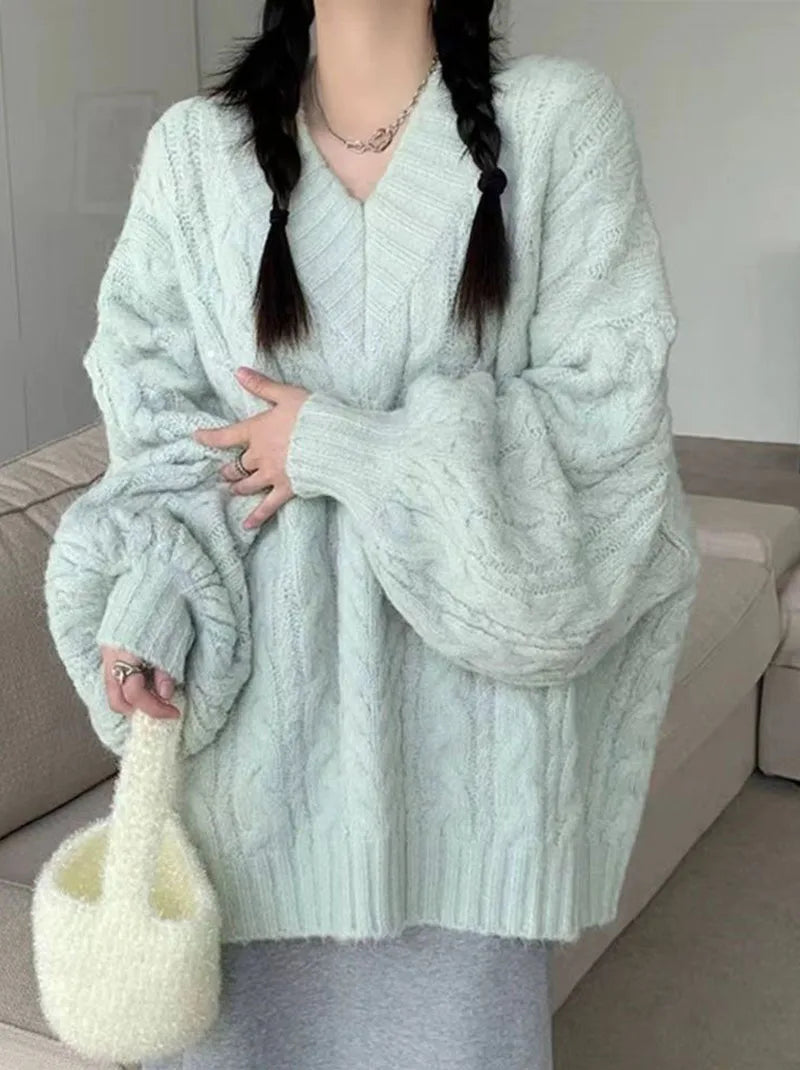 Herbst Winter Frauen Pullover Harajuku Übergroßen Gestrickte Pullover Koreanische Langarm V-ausschnitt Strickwaren Preppy Solide Lose Jumper