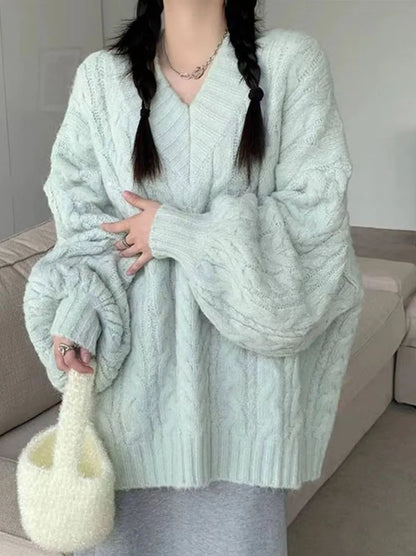 Herbst Winter Frauen Pullover Harajuku Übergroßen Gestrickte Pullover Koreanische Langarm V-ausschnitt Strickwaren Preppy Solide Lose Jumper