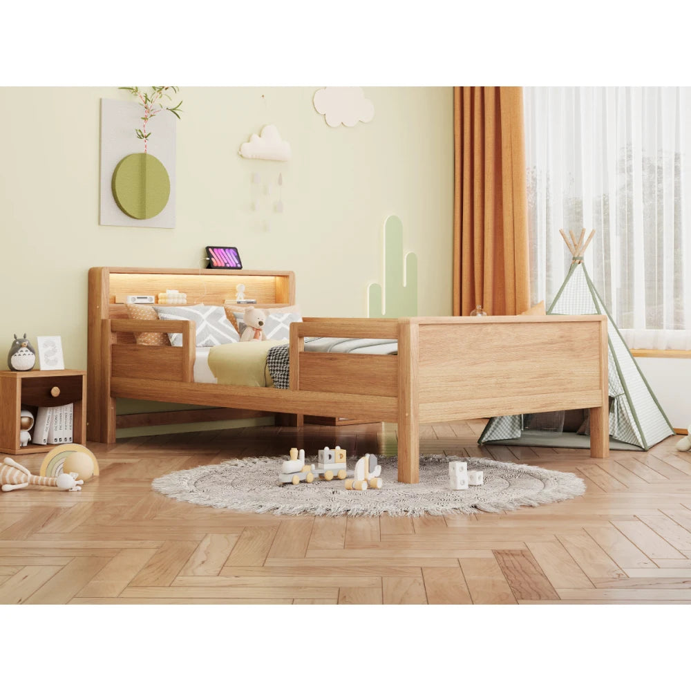 Multifunktions-Holzbett, USB- und Tape-C-Kombinationssteckdose, kleines LED-Licht, Kopfteil mit Einlagerfunktion, Einzelbett