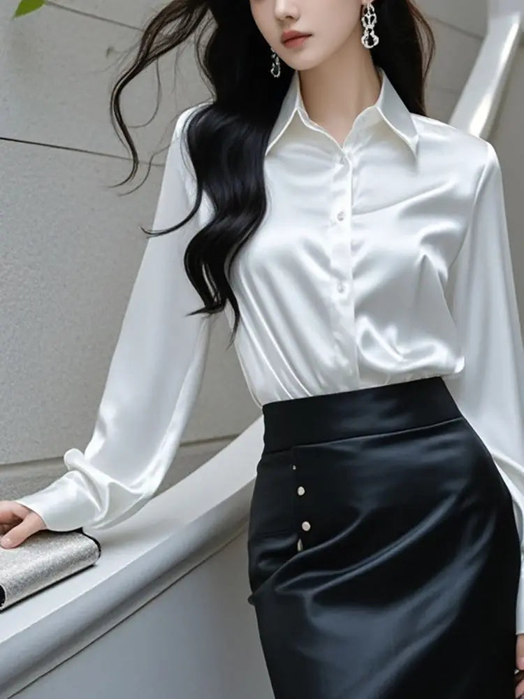 Elegant Silk Office Shirts Women Korean Fashion Y2k Clothes Slim Long Sleeve White Black Blusas Mujer Workwear Tops and Blouses.
