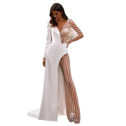 2024 Spring New Women's Clothing Amazon V-Neck Lace Irregular Gown Jumpsuit Colorful Blocks Inverted Pleated Prom Gowns.