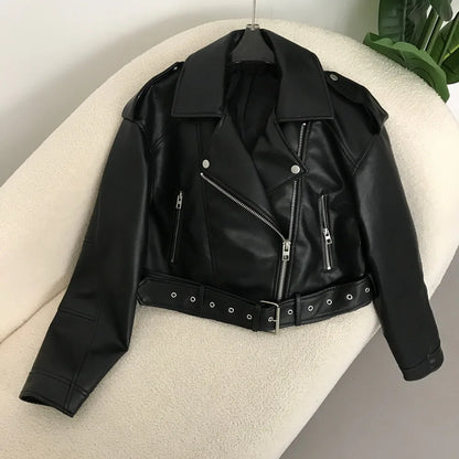 Neue Frühjahr Frau Faux Leder Jacke Chic Vintage Amerikanische straße tragen Kurze Revers Zipper Gürtel Biker Mäntel Mode Streetwear