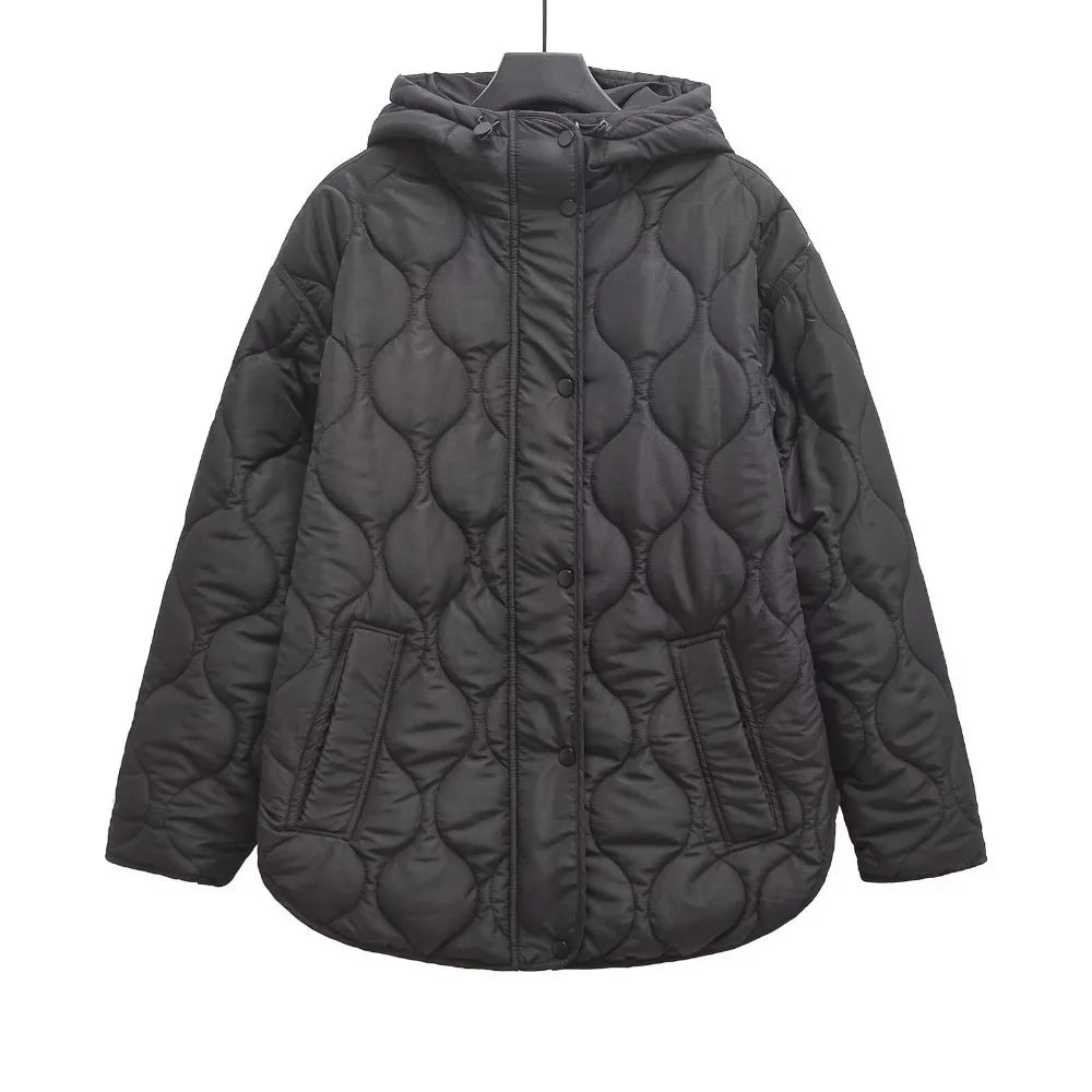 Women Loose Warm Adjustable Hood Overcoat Long Sleeves Single Breasted Side Vents At Hem Pocket Jacket Spring New Chic Coat