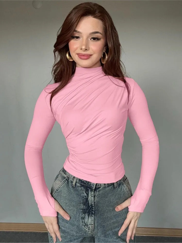 Solid Color High Neck Elegant  Tops For Woman Fashion Chic Pleated Long Sleeves Slim Shirt Spring Autumn Ladies Sexy Blouses.