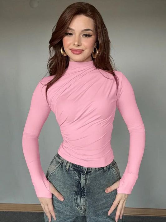 Solid Color High Neck Elegant  Tops For Woman Fashion Chic Pleated Long Sleeves Slim Shirt Spring Autumn Ladies Sexy Blouses.