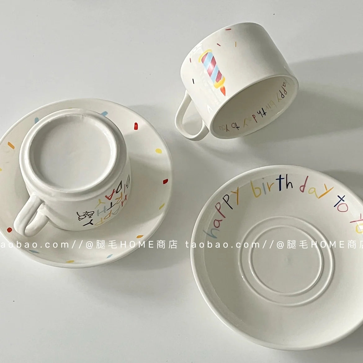 Korean Plate Designer Cute Happy Birthday Tableware Ceramic Coffee Cup Plate Dessert Cake Plate Cup Creative Birthday Gift.