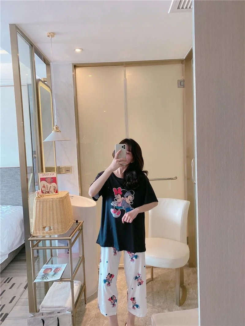 Sommer Pooh Bär Nachtwäsche frauen Lose Bequeme Cartoon Print Hause Kleidung Set Kurzarm Nachthemd Mickey Pyjama Set