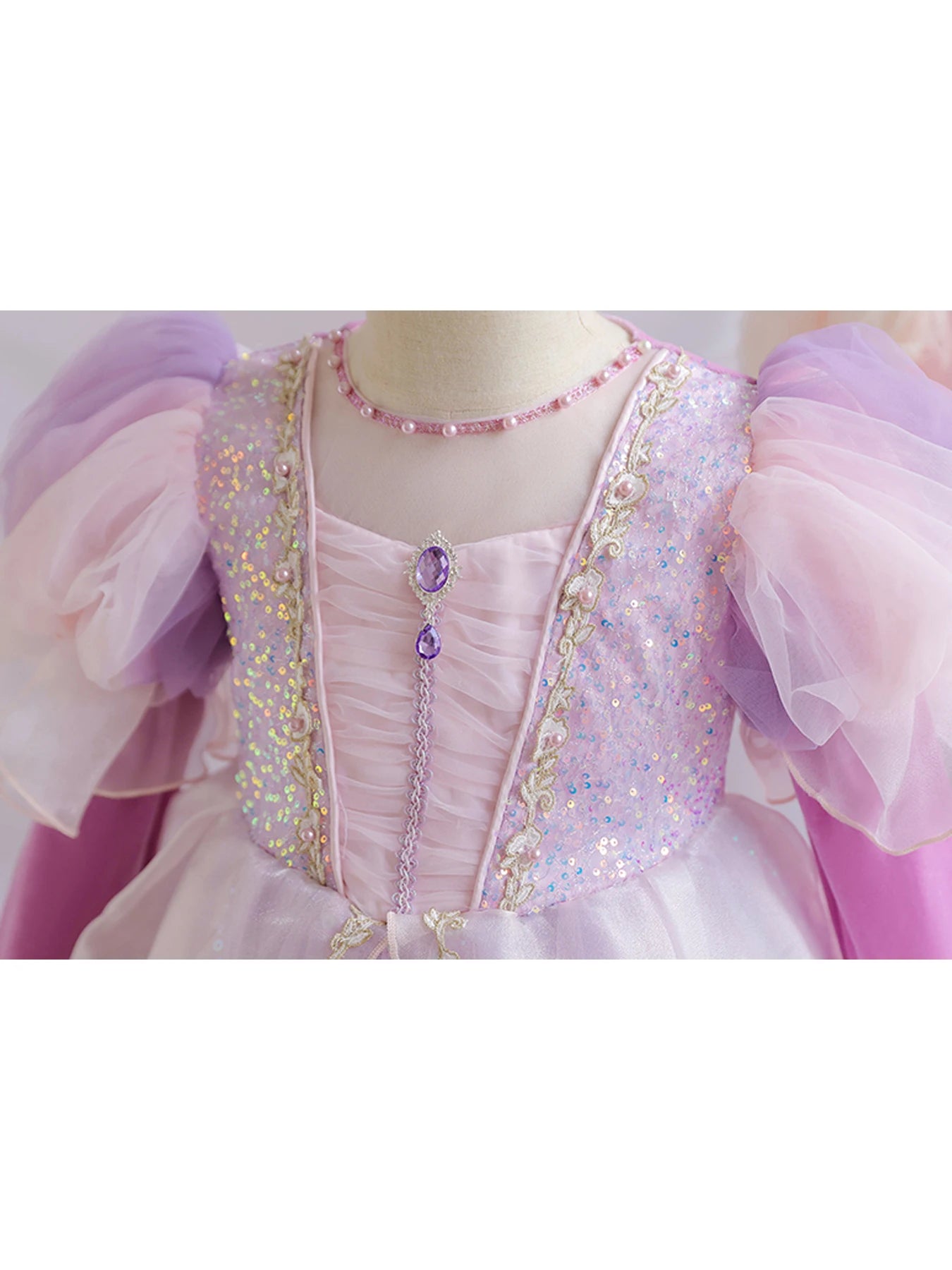 Wunderschönes Mädchenkleid, Puffärmel + lange Ärmel, Netzbedeckung, geeignet für Tänze, Partys, Auftritte, Host-Verkleidung.